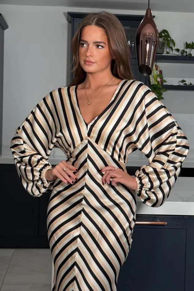 London V Neck Long Sleeves Maxi Dress In Stripe Women Girl In Mind Maxi Dresses