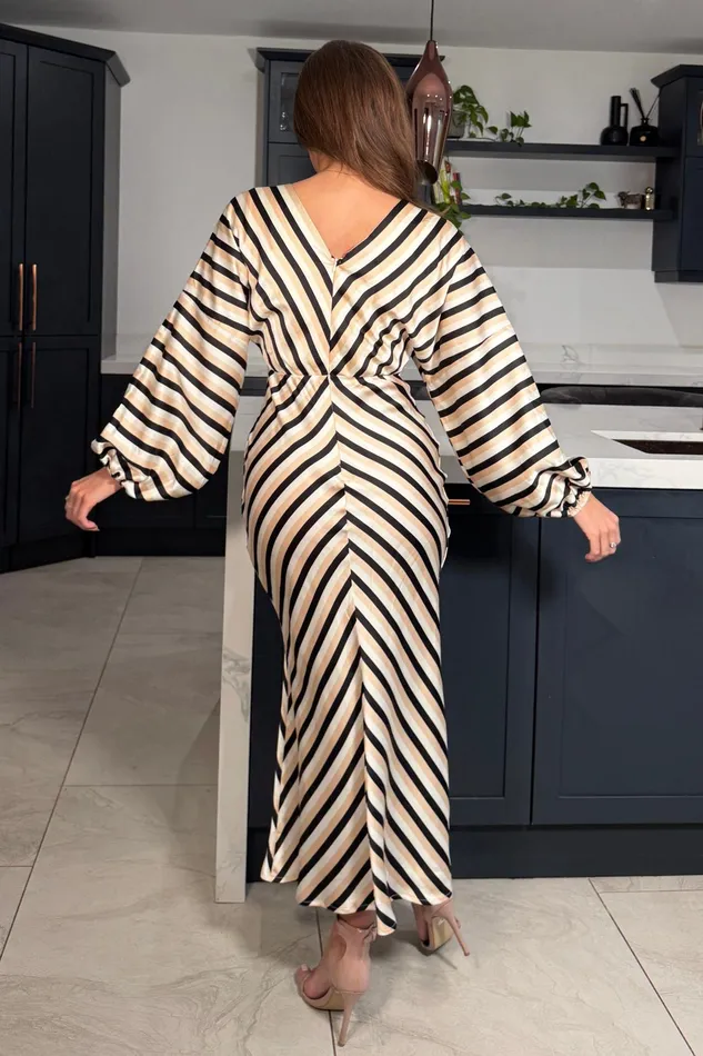 London V Neck Long Sleeves Maxi Dress In Stripe Women Girl In Mind Maxi Dresses