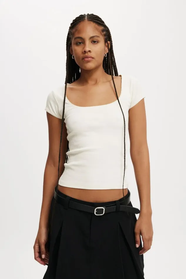 Lou Square Neck Short Sleeve Natural White Women Cotton On Tops