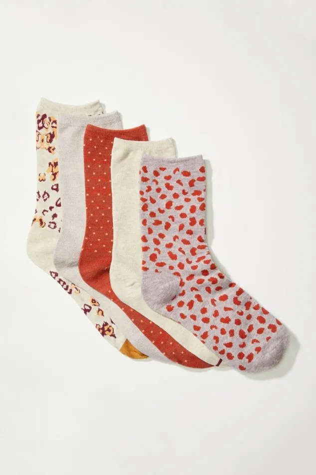 Lucky Brand 5pack Leopard Print Crew Socks Open Overflow Women Socks