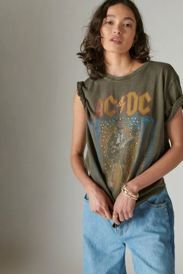 Lucky Brand Acdc Studs Boyfriend Tee Black Olive Women Graphic Tees