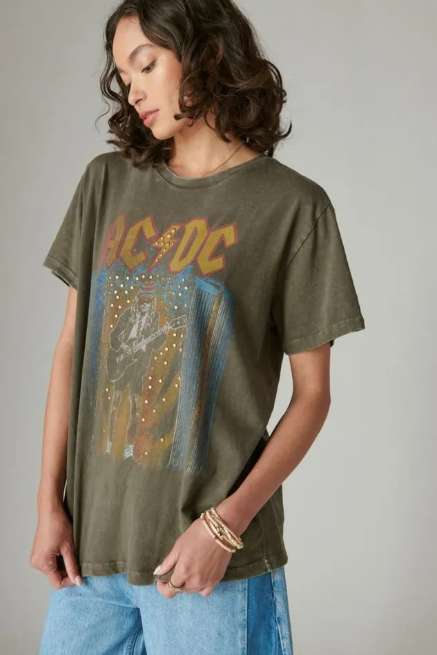 Lucky Brand Acdc Studs Boyfriend Tee Black Olive Women Graphic Tees