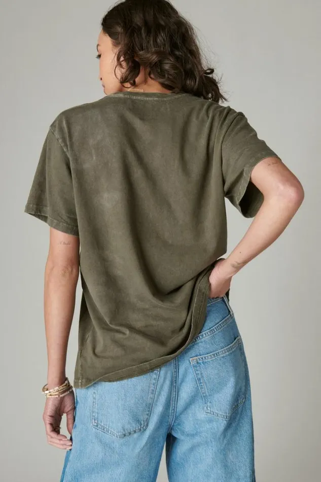 Lucky Brand Acdc Studs Boyfriend Tee Black Olive Women Graphic Tees