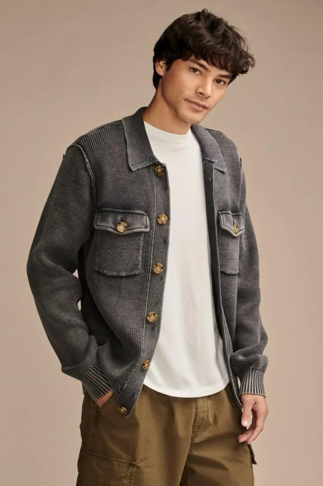 Lucky Brand Acid Wash Button Through Sweater Cardigan Black Acid Wash Men Sweaters