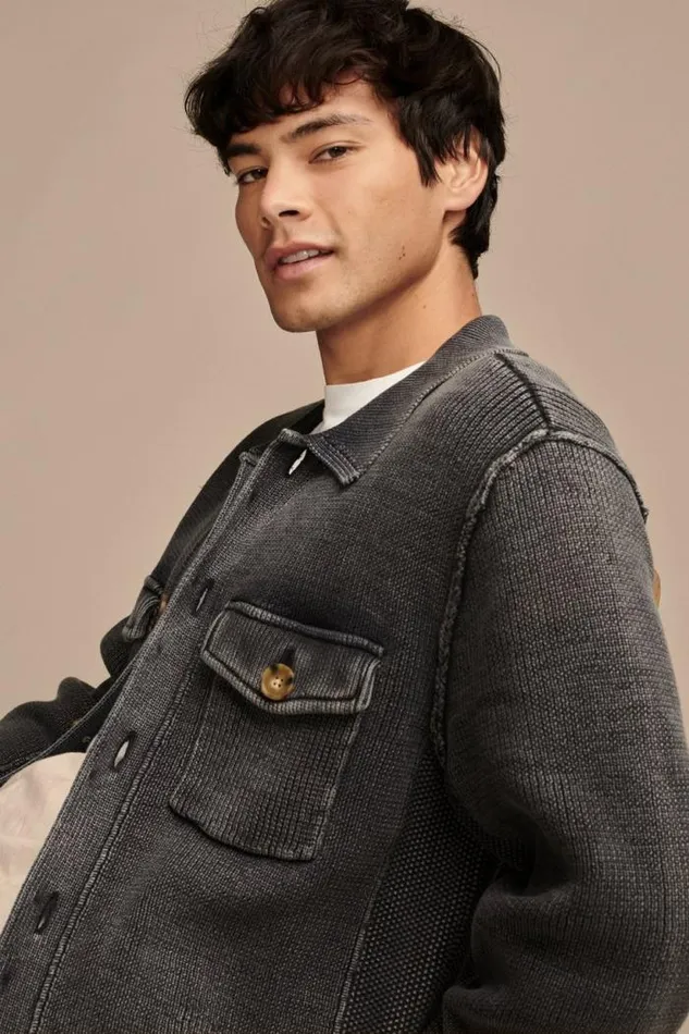 Lucky Brand Acid Wash Button Through Sweater Cardigan Black Acid Wash Men Sweaters