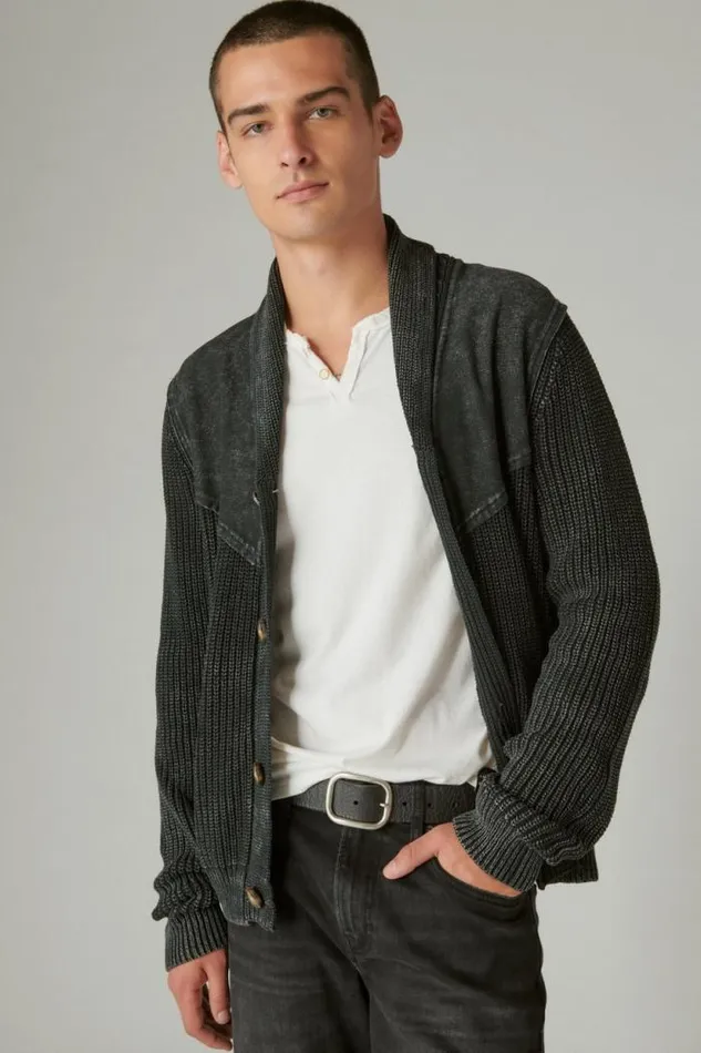 Lucky Brand Acid Wash Patchwork Cardigan Dark Black Acid Wash Men Sweaters