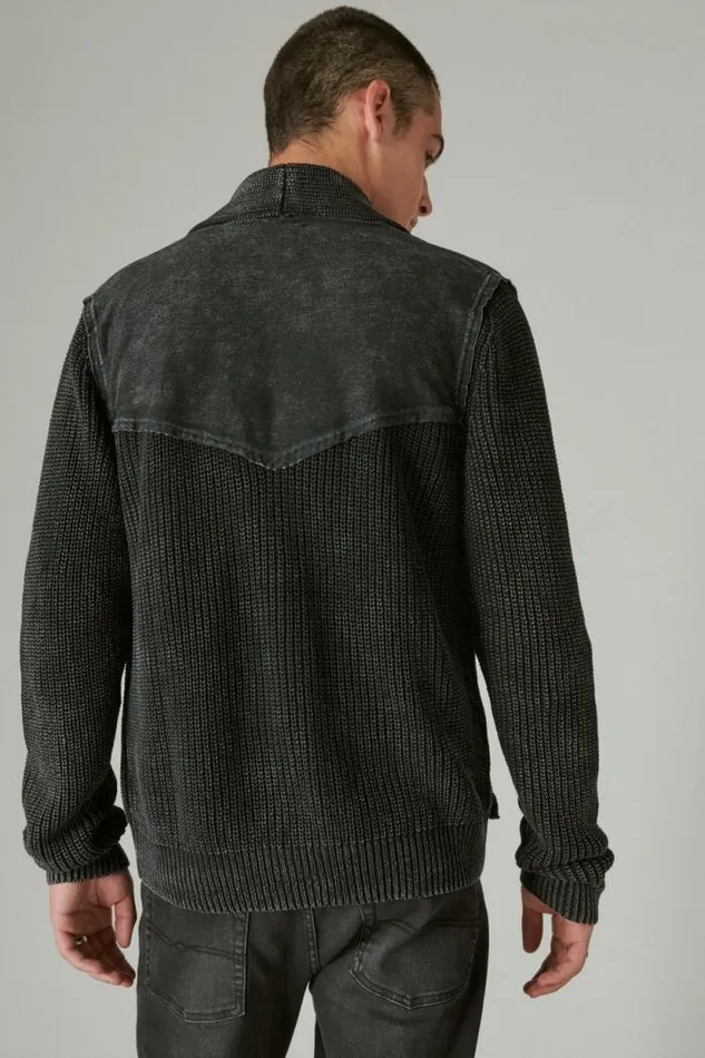 Lucky Brand Acid Wash Patchwork Cardigan Dark Black Acid Wash Men Sweaters