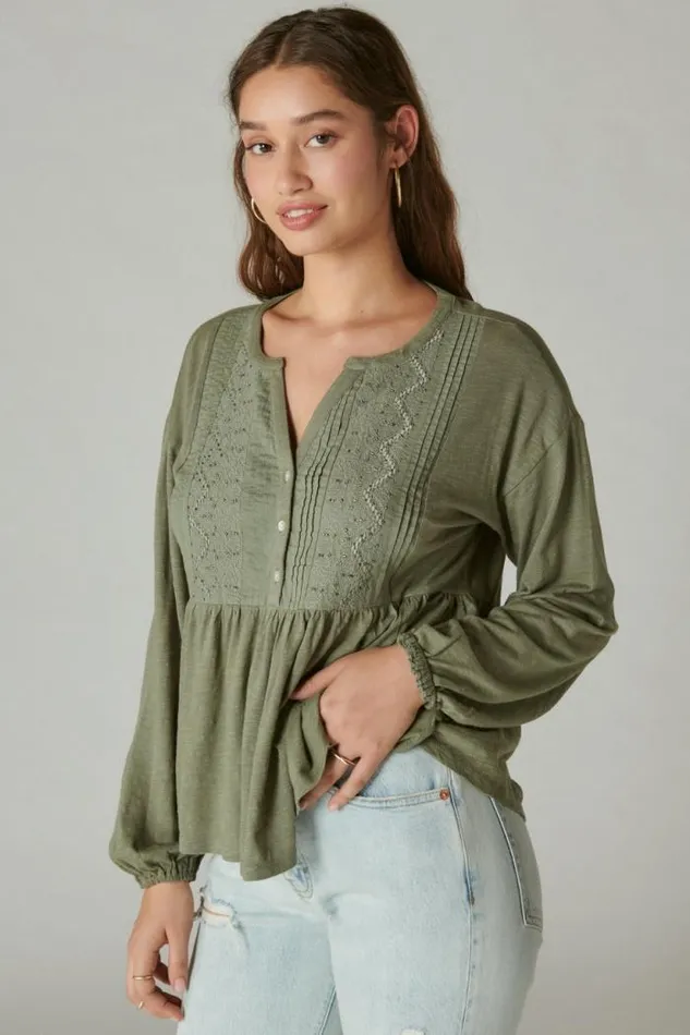 Lucky Brand Beaded Embroidered Pintuck Peplum Top Balsam Green Women All Tops
