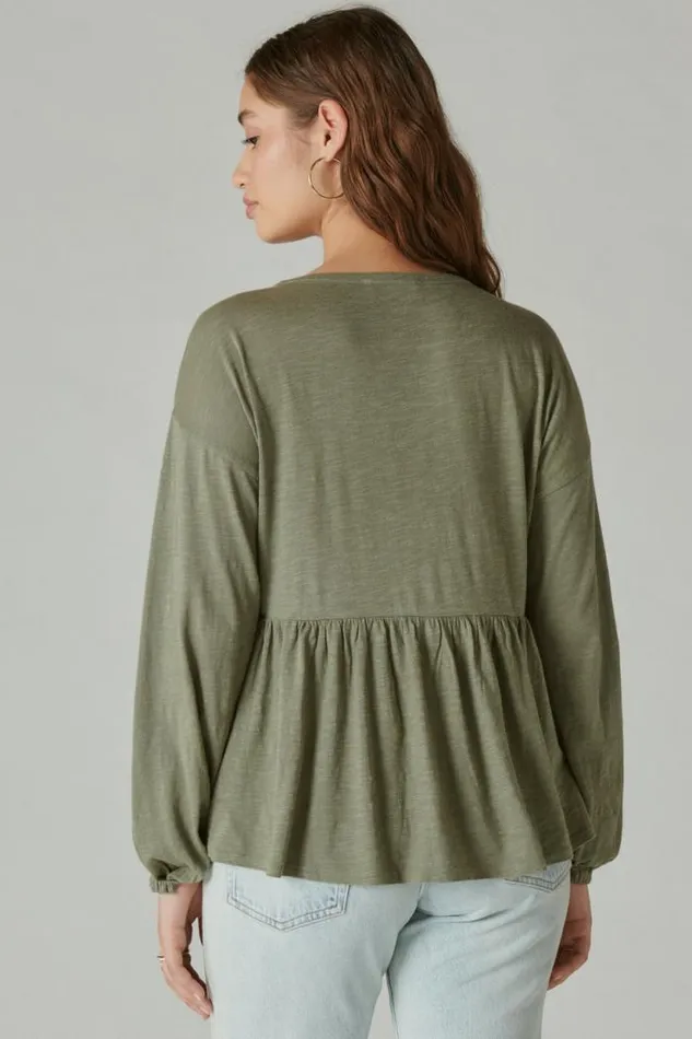 Lucky Brand Beaded Embroidered Pintuck Peplum Top Balsam Green Women All Tops