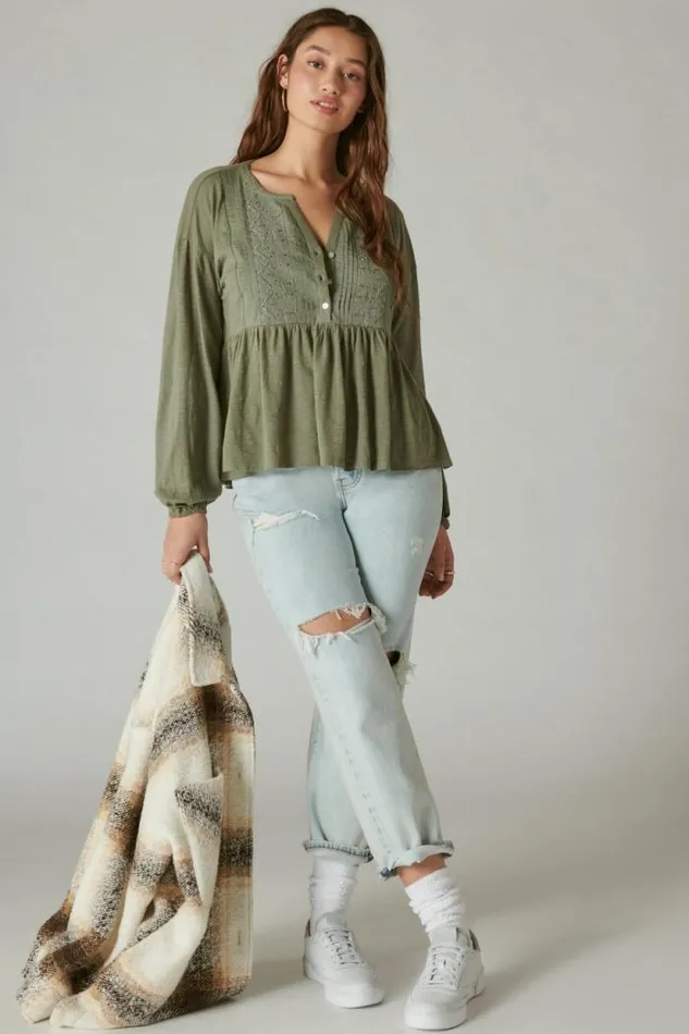 Lucky Brand Beaded Embroidered Pintuck Peplum Top Balsam Green Women All Tops