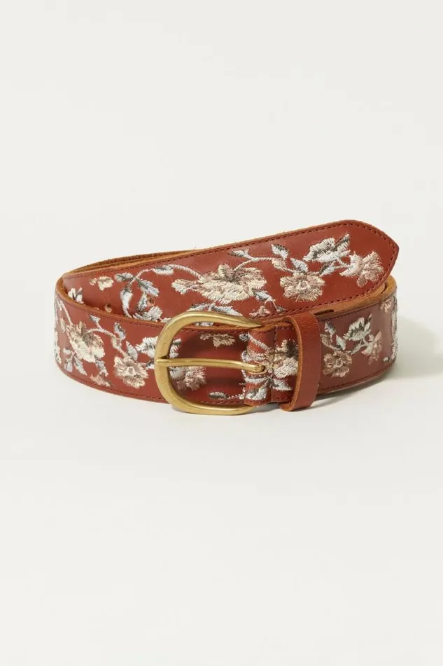 Lucky Brand Border Cream Floral Emb Belt Dark Brown Women Belts