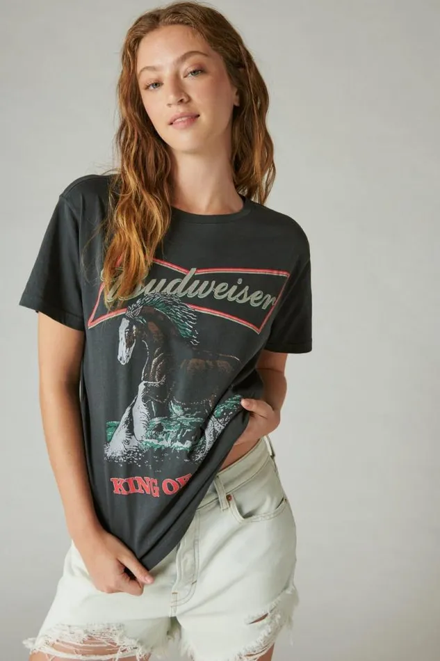 Lucky Brand Budweiser Horse Boyfriend Tee Anthracite Women Graphic Tees