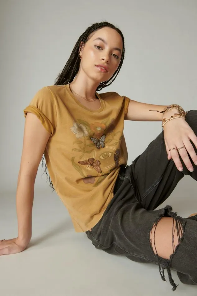 Lucky Brand Butterfly Garden Classic Crew Honey Mustard Women Graphic Tees