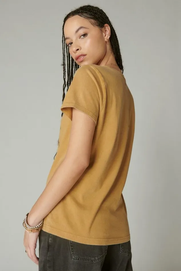 Lucky Brand Butterfly Garden Classic Crew Honey Mustard Women Graphic Tees