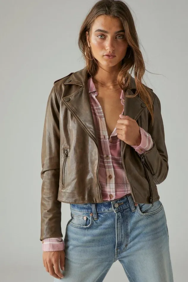 Lucky Brand Classic Leather Moto Jacket Brown Beige Women Jackets and Outerwear