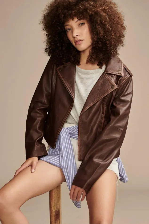 Lucky Brand Classic Leather Moto Jacket Chestnut Women Jackets and Outerwear