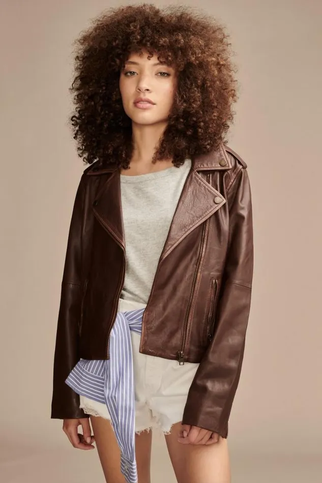 Lucky Brand Classic Leather Moto Jacket Chestnut Women Jackets and Outerwear