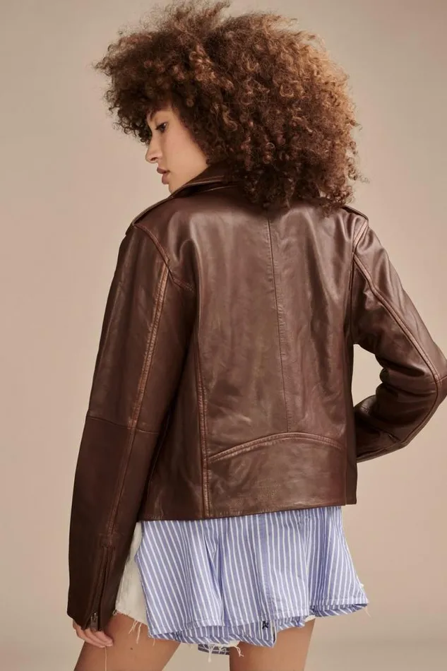 Lucky Brand Classic Leather Moto Jacket Chestnut Women Jackets and Outerwear