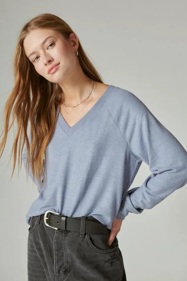 Lucky Brand Cloud Jersey Long Sleeve V Neck Flint Stone Women Activewear