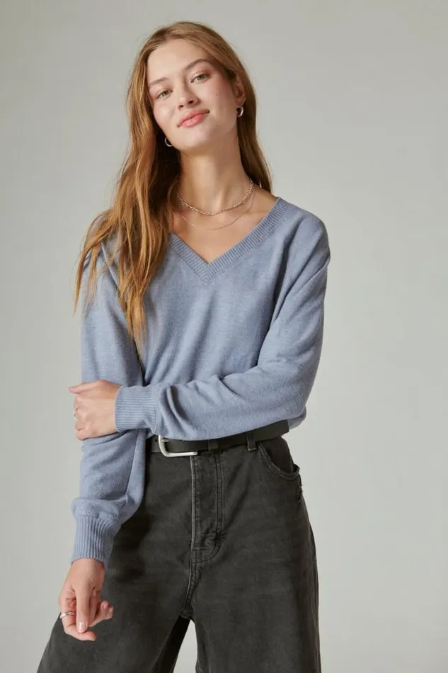 Lucky Brand Cloud Jersey Long Sleeve V Neck Flint Stone Women Activewear
