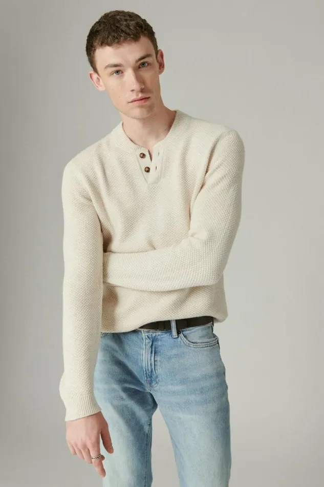 Lucky Brand Cloud Soft Henley Sweater Straw Heather Men Sweaters