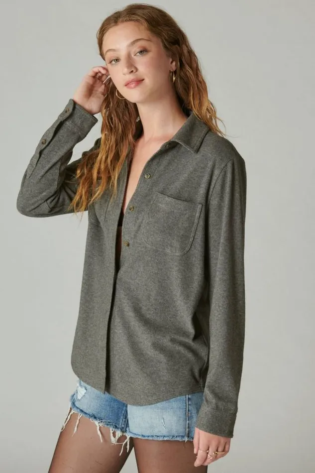 Lucky Brand Cozy Knit Shirt Jacket Charcoal Heather Women Blouses