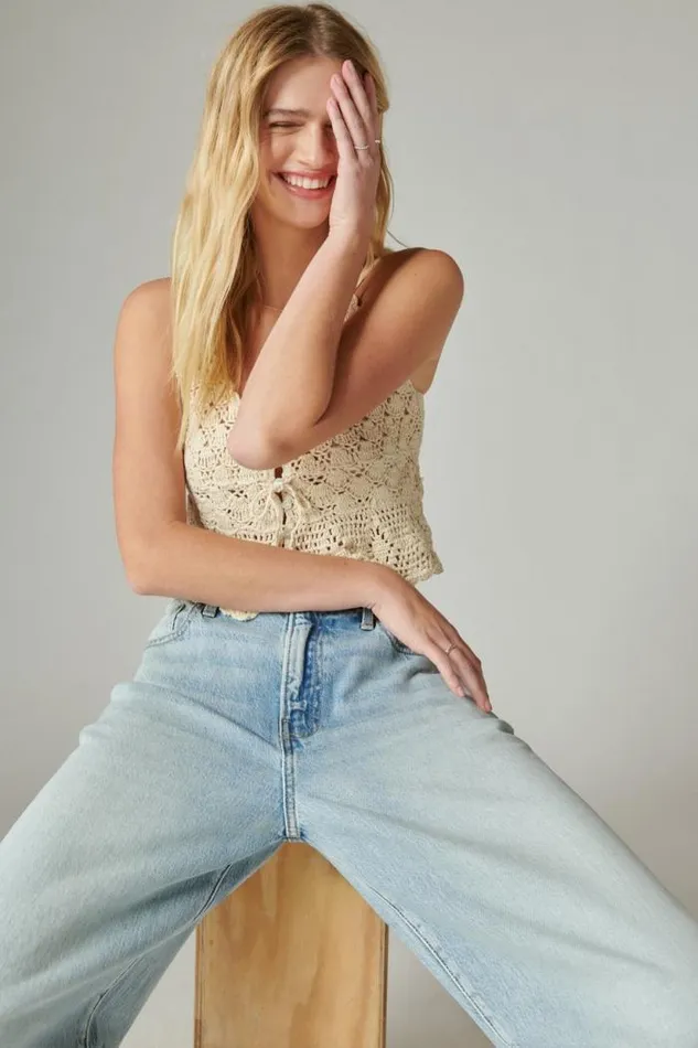 Lucky Brand Crochet Tie Front Tank Gardenia Women All Tops