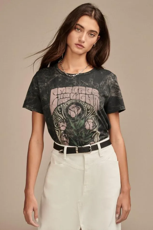 Lucky Brand Embrace Floral Poster Classic Crew Iron Ore Women Graphic Tees