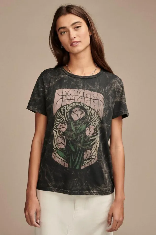 Lucky Brand Embrace Floral Poster Classic Crew Iron Ore Women Graphic Tees