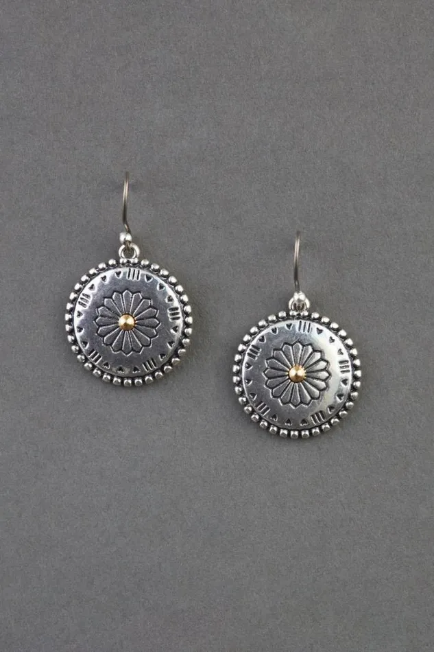 Lucky Brand Etch Concho Coin Drop Earring Two Tone Women Jewelry