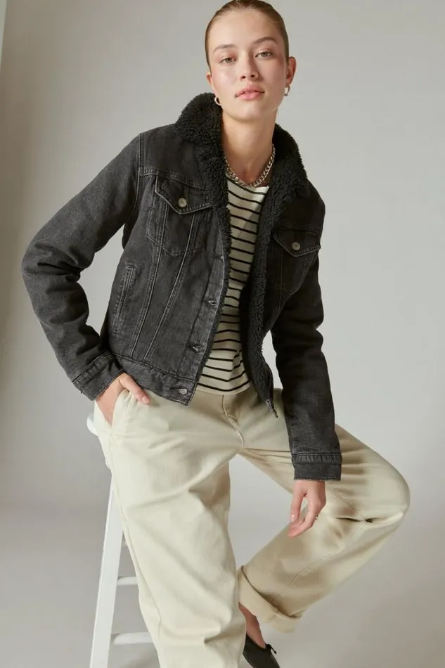 Lucky Brand Faux Shearling Lined Denim Trucker Jacket Black Hole Women Jackets and Outerwear
