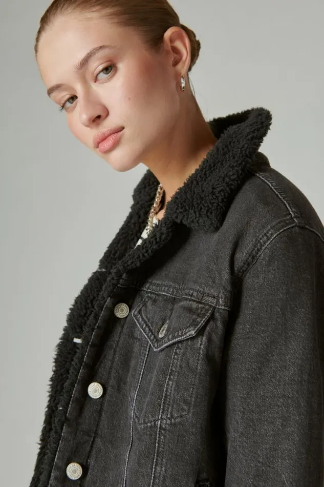 Lucky Brand Faux Shearling Lined Denim Trucker Jacket Black Hole Women Jackets and Outerwear