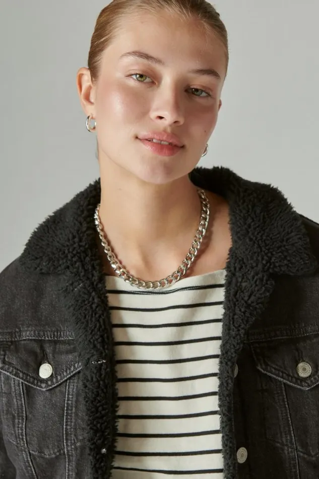 Lucky Brand Faux Shearling Lined Denim Trucker Jacket Black Hole Women Jackets and Outerwear