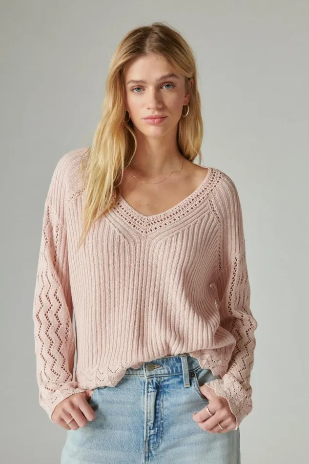 Lucky Brand Femme V Neck Pullover Sweater Sepia Rose Women Sweaters and Sweatshirts