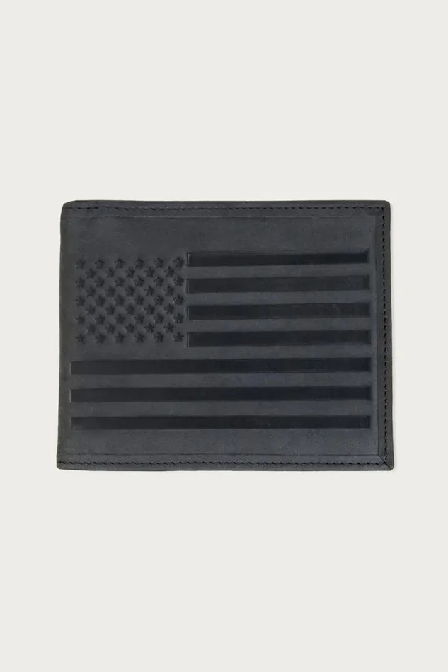Lucky Brand Flag Embossed Leather Bifold Wallet Black Men Bags and Wallets