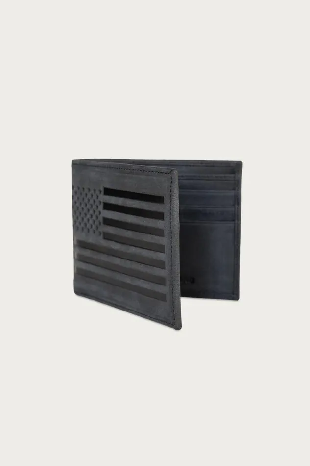 Lucky Brand Flag Embossed Leather Bifold Wallet Black Men Bags and Wallets