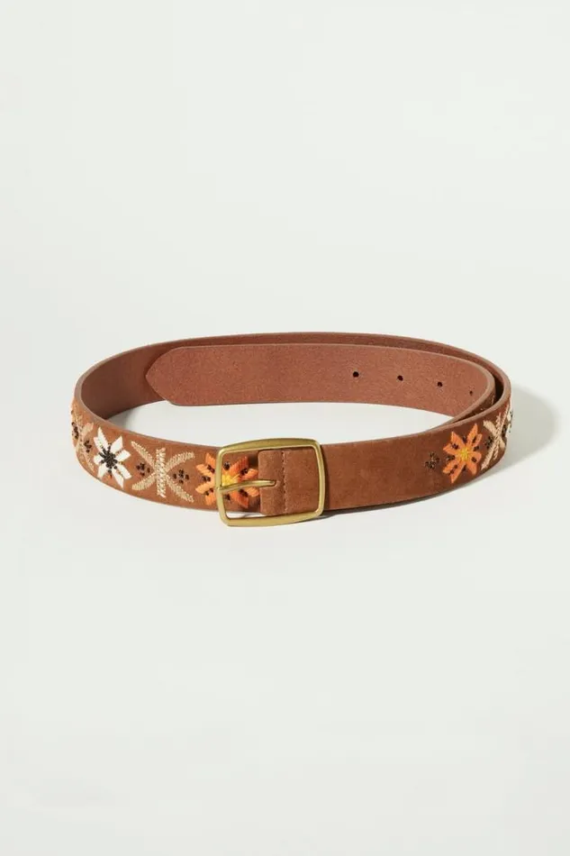 Lucky Brand Garden Floral Embroidered Belt Dark Brown Women Belts