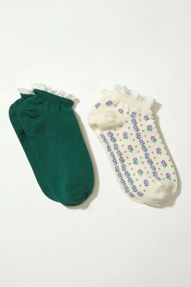 Lucky Brand Garden Lace Trim Ped Sock 2 Pk Balsam Green Women Socks