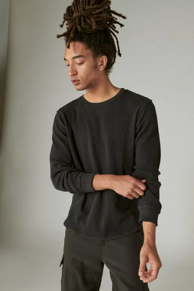 Lucky Brand Garment Dye Thermal Crew Jet Black Men Shirts and Tops