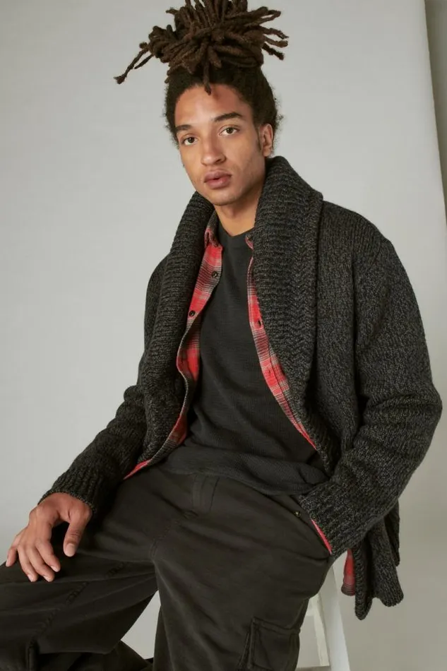 Lucky Brand Garment Dye Thermal Crew Jet Black Men Shirts and Tops