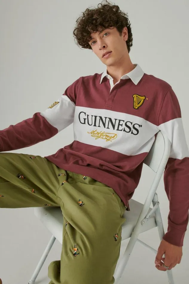 Lucky Brand Guinness Color Block Rugby Maroon Men Shirts and Tops
