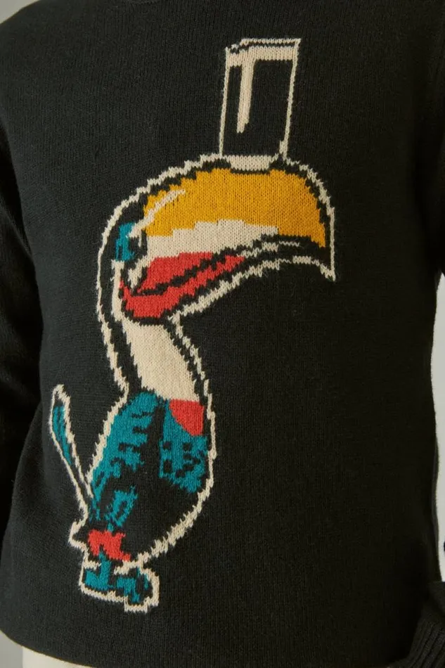 Lucky Brand Guinness Intarsia Crew Neck Sweater Dark Black Combo Women Sweaters and Sweatshirts