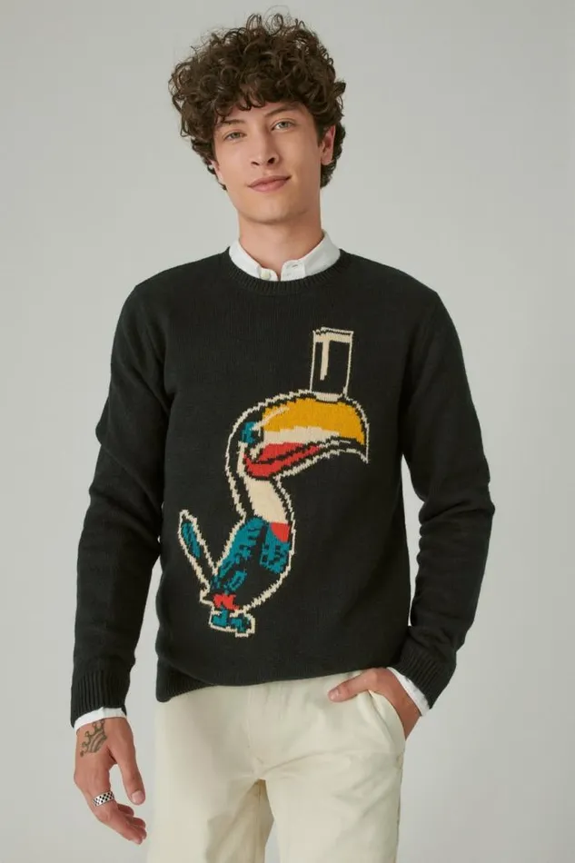 Lucky Brand Guinness Intarsia Crew Neck Sweater Dark Black Combo Women Sweaters and Sweatshirts