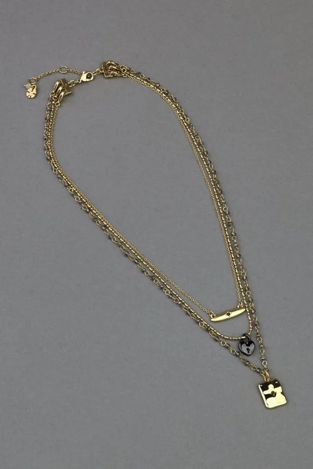 Lucky Brand Heart Lock Charm Layer Necklace Two Tone Women Jewelry