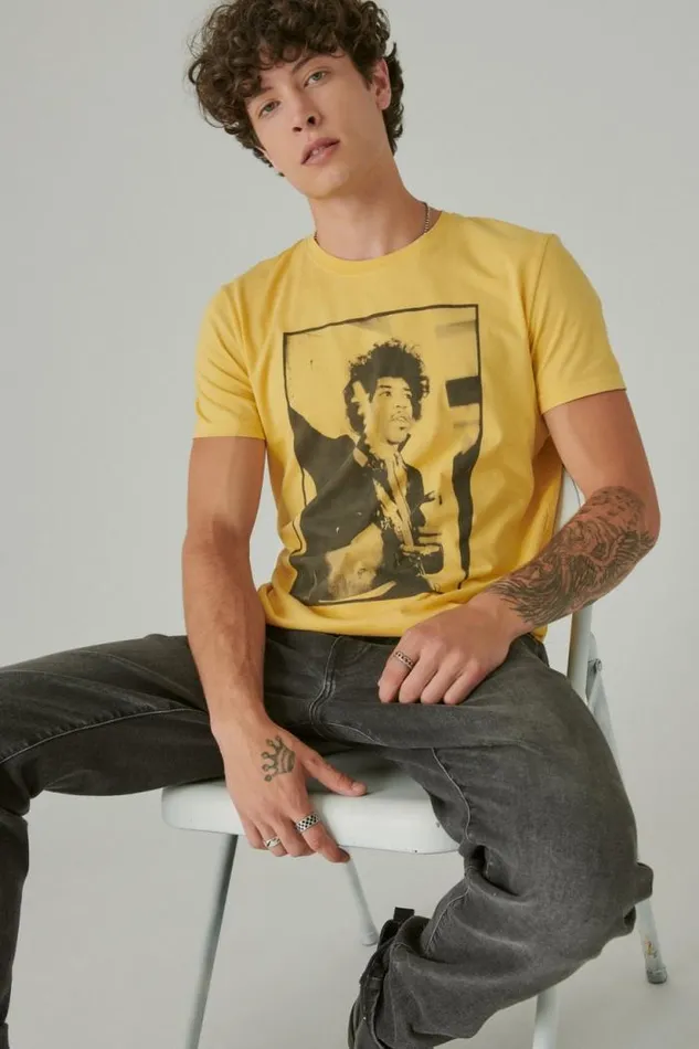 Lucky Brand Jimi Hendrix Photo Misted Yellow Men Graphic Tees