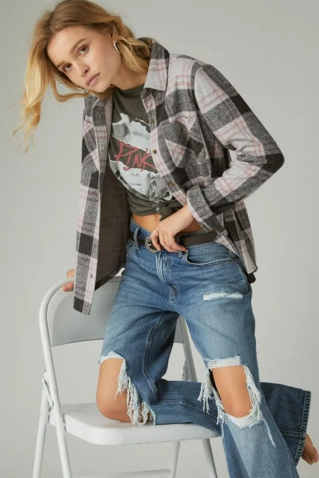 Lucky Brand Knit Shirt Jacket Black Plaid Women All Tops