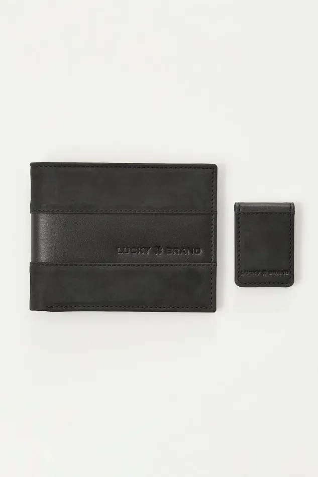 Lucky Brand Leather Wallet And Money Clip Giftset Black Men Bags and Wallets
