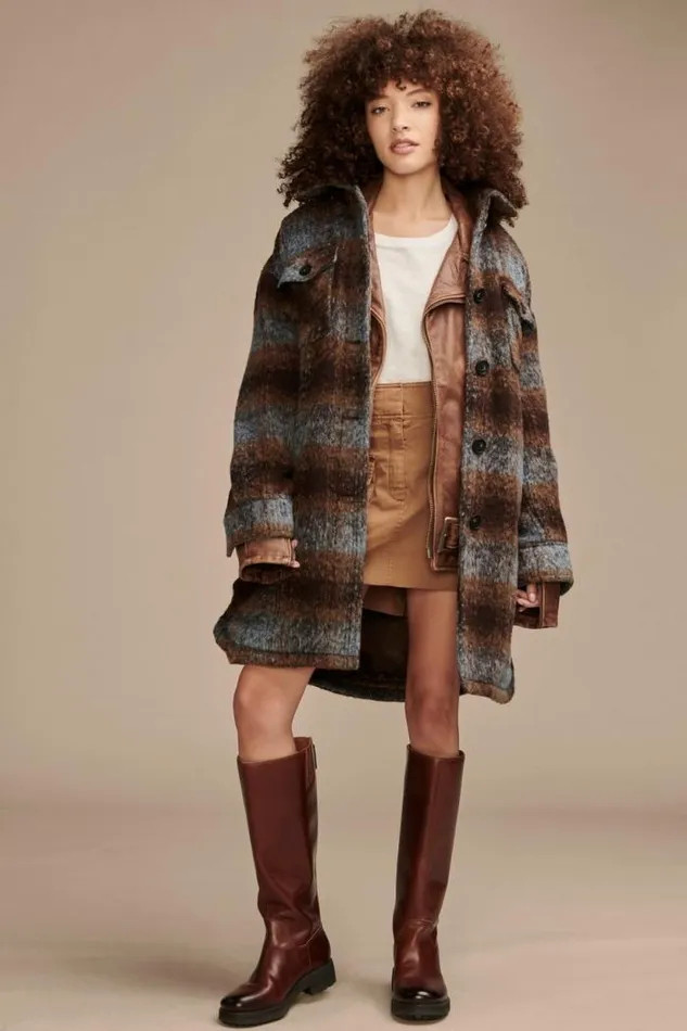 Lucky Brand Long Plaid Shirt Jacket Dark Brown Women Jackets and Outerwear