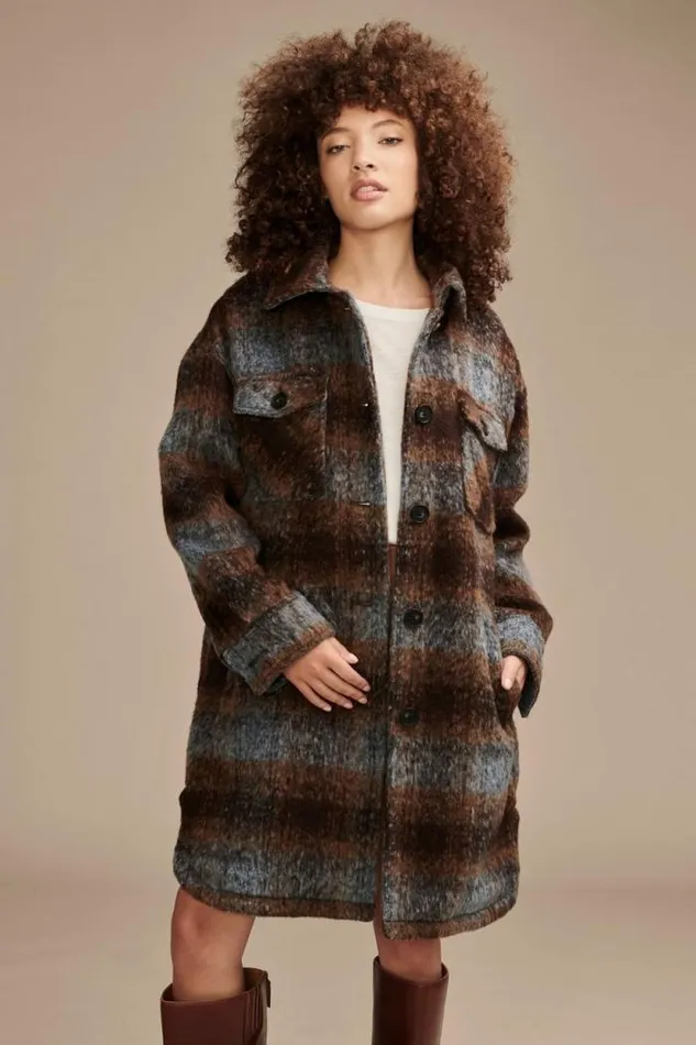 Lucky Brand Long Plaid Shirt Jacket Dark Brown Women Jackets and Outerwear