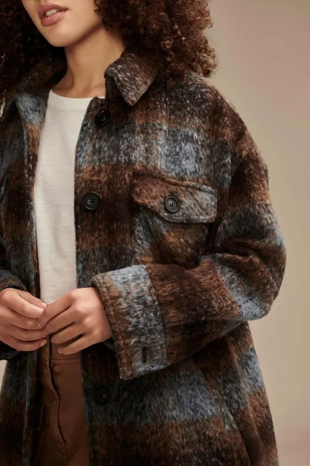 Lucky Brand Long Plaid Shirt Jacket Dark Brown Women Jackets and Outerwear
